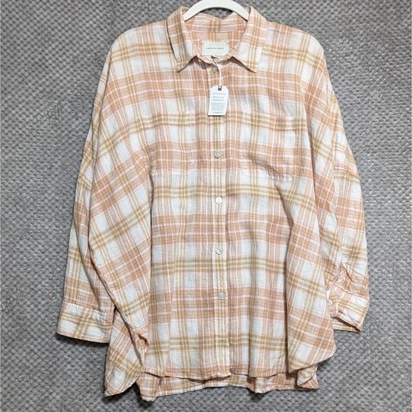American Eagle Oversized Linen Shirt Small Lounge Beach Coverup Plaid Roll Tab - Picture 1 of 8